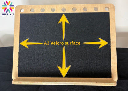 Front shot of Niftikit desk frame on a black table. Central to the desk frame is an A3 sheet of black, soft hook and loop with a label reading A3 velcro surface
