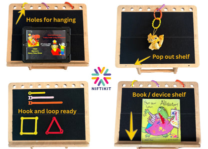 4 Niftikit desk frames, each one showing a different use, iPad holder, book holder , hanging toys and hook and loop finger tracking activity. 