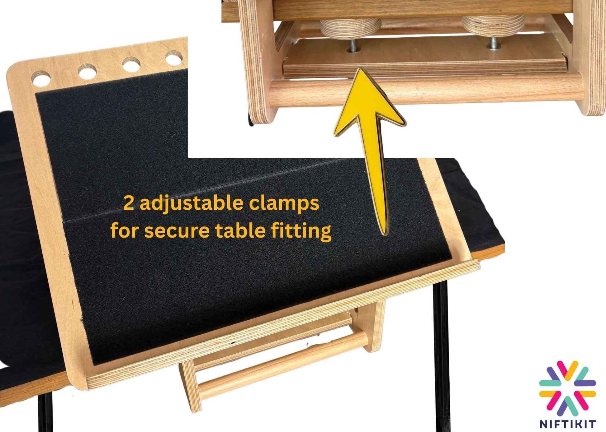 Niftikit desk slope showing a close up of 2 under table clamps used to fix the slope securely to the table or wheelchair tray 