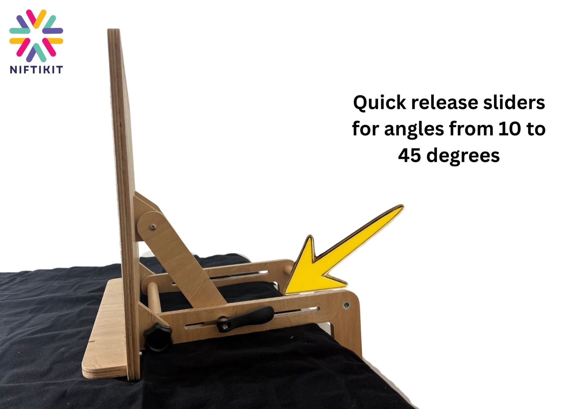 Side view of Niftikit Desk slope showing adjustable side slots for angle positioning and the front panel almost vertical 