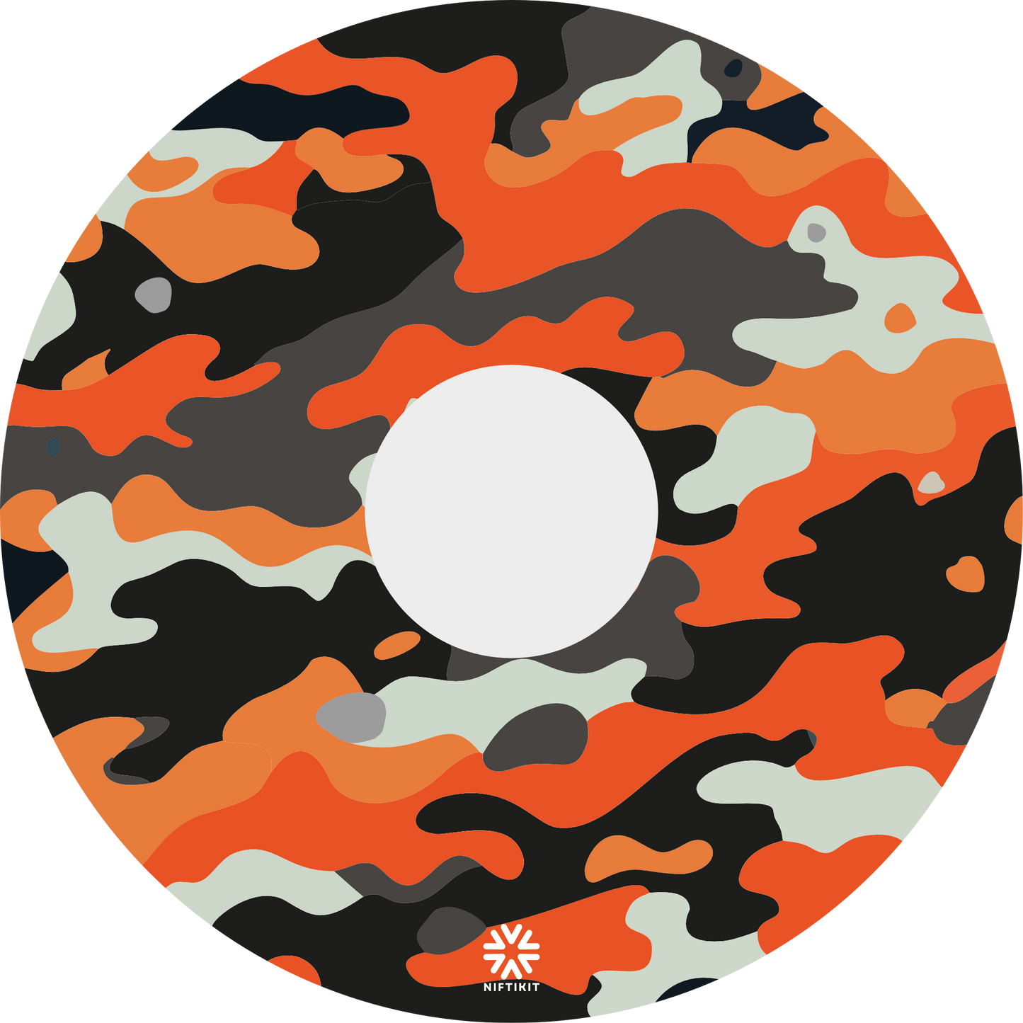 Orange camouflage wheelchair wheel cover featuring a bold camo pattern in orange, grey and black, designed to protect spokes and personalise any wheelchair.