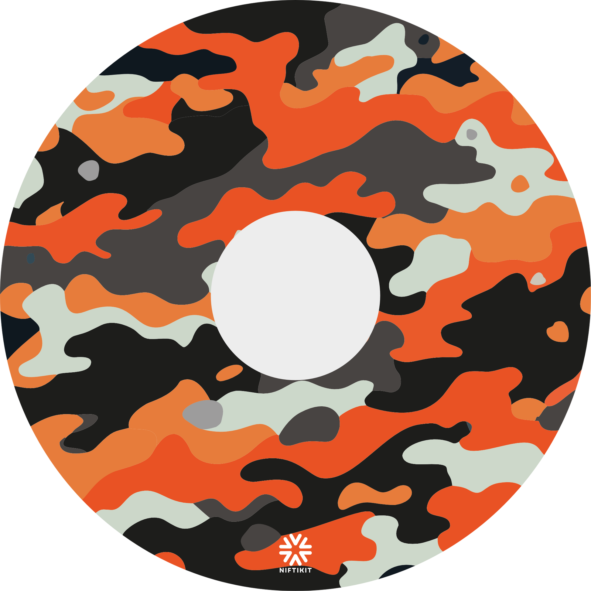 Orange camouflage wheelchair wheel cover featuring a bold camo pattern in orange, grey and black, designed to protect spokes and personalise any wheelchair.
