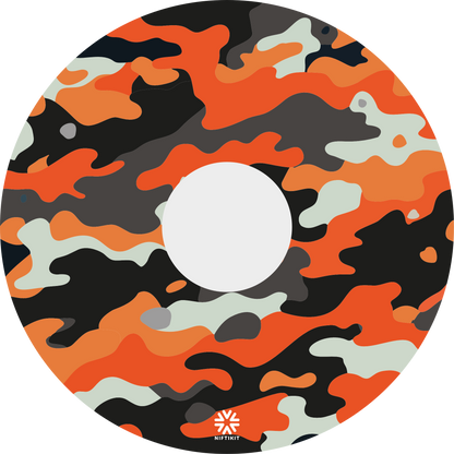 Orange camouflage wheelchair wheel cover featuring a bold camo pattern in orange, grey and black, designed to protect spokes and personalise any wheelchair.