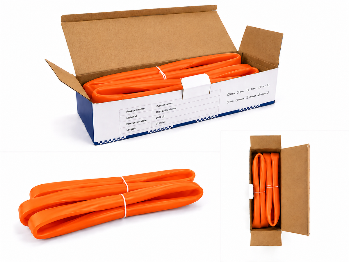 Orange silicone wheelchair pushrim covers pair, packaged and bundled for fitting to wheelchair handrims and push rims