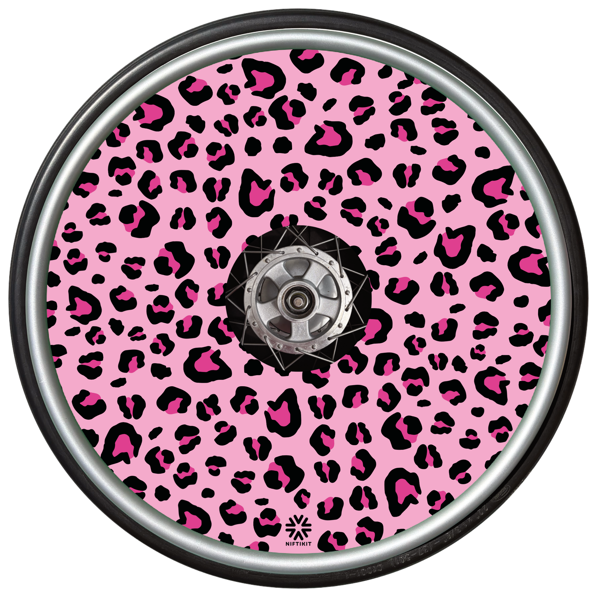 Pink Wheelchair Spoke Guard with black and pink leopard print pattern on a light pink background . Includes a small Niftikit logo in black at the bottom 