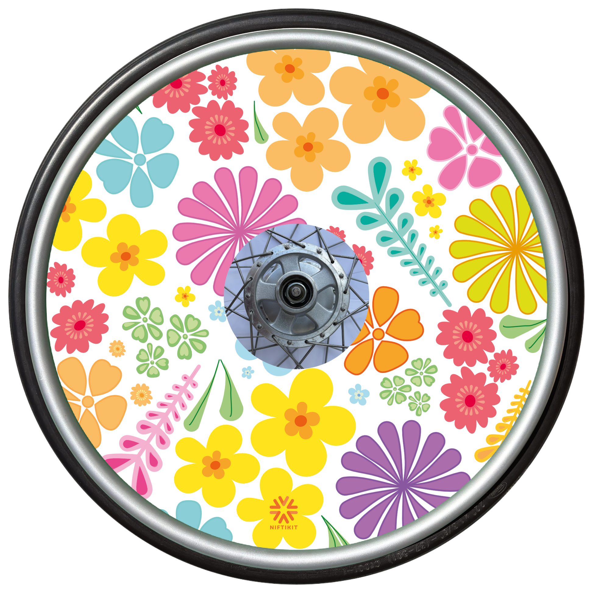 Wheelchair wheel cover with colorful floral pattern in pastel colours with centre hub cutout