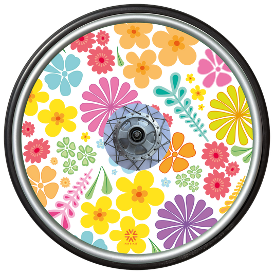 Wheelchair wheel cover with colorful floral pattern in pastel colours with centre hub cutout