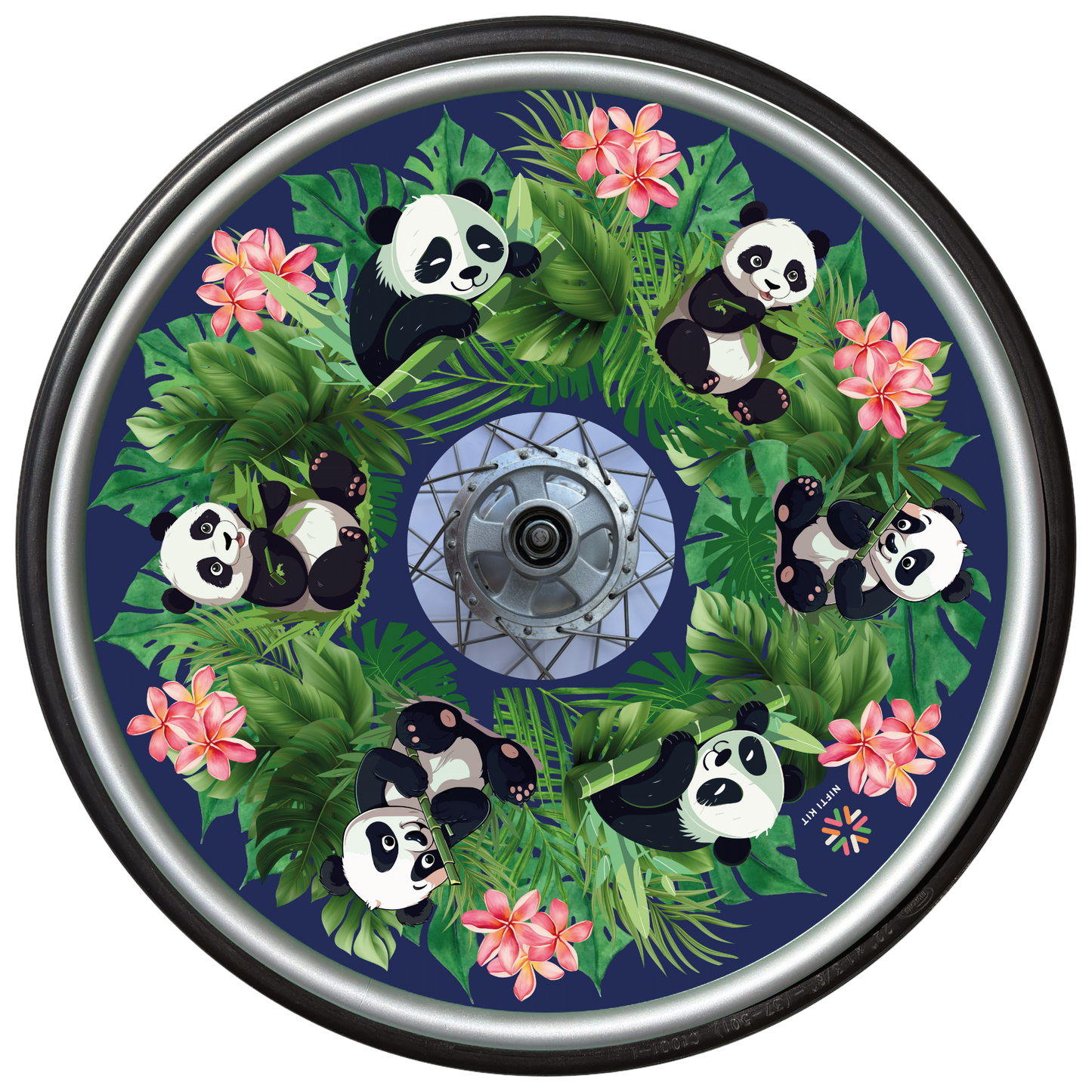 Wheelchair wheel with cover featuring cute panda illustrations, flowers, and leaves on a navy blue background