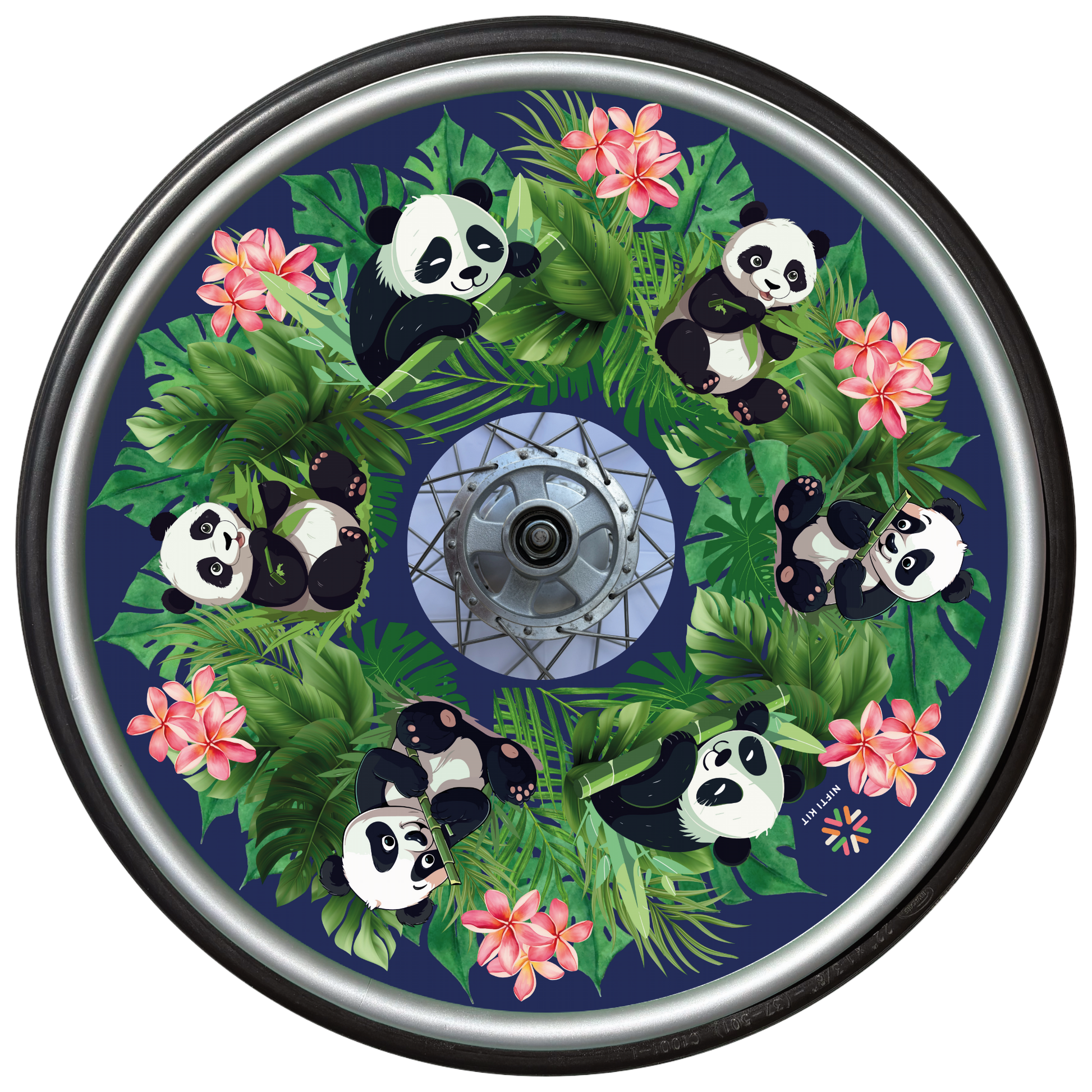 Wheelchair wheel with cover featuring cute panda illustrations, flowers, and leaves on a navy blue background