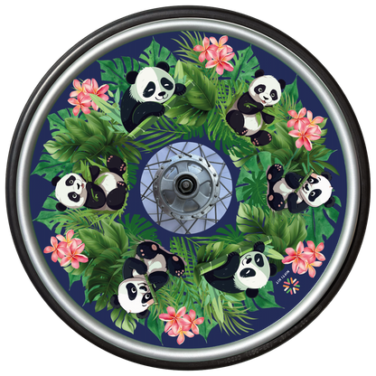 Wheelchair wheel with cover featuring cute panda illustrations, flowers, and leaves on a navy blue background