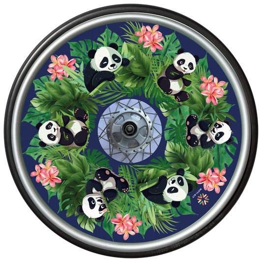 Wheelchair wheel with cover featuring cute panda illustrations, flowers, and leaves on a navy blue background