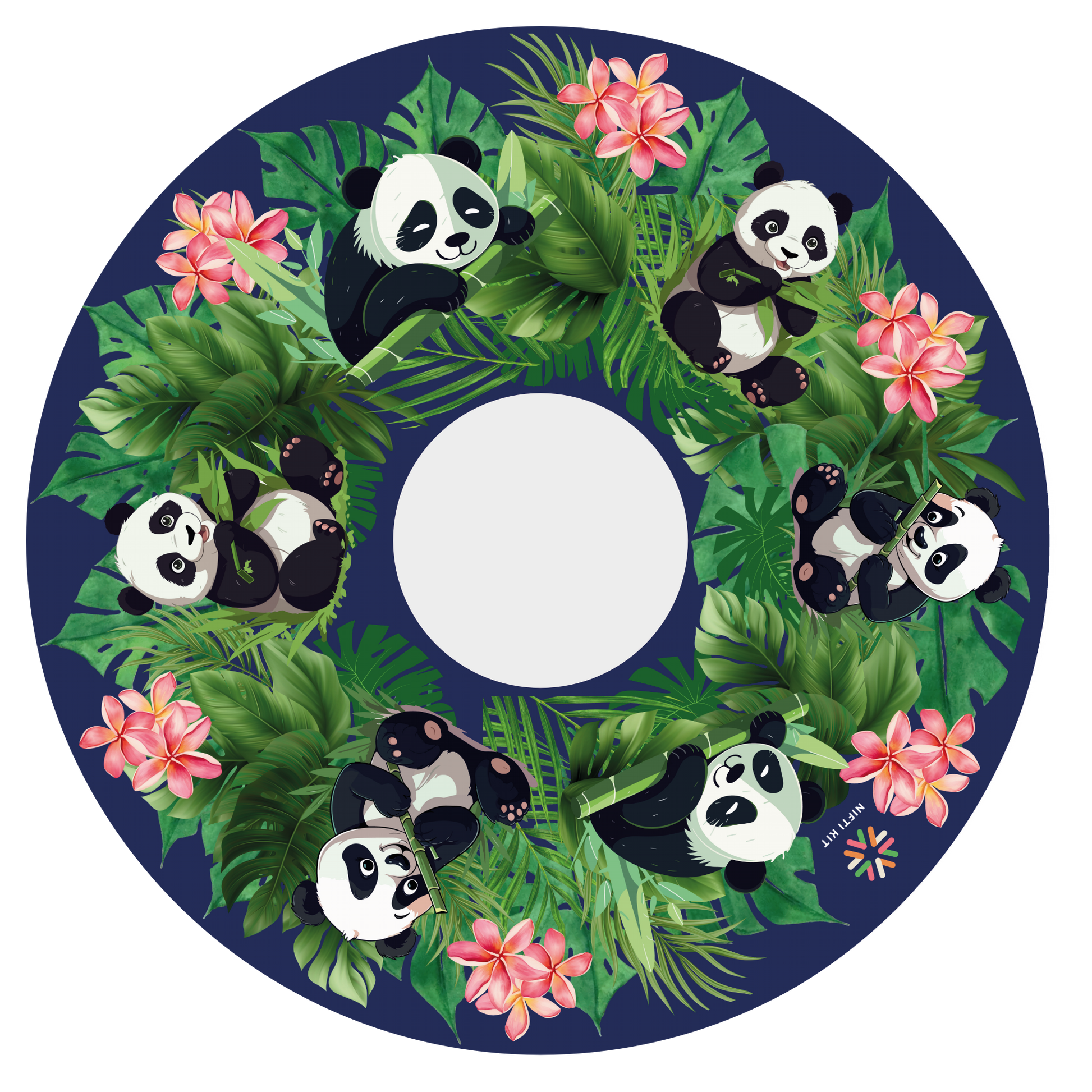 Spoke guard cover featuring cute panda illustrations, flowers, and leaves on a navy blue background