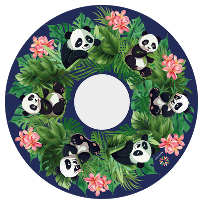 Spoke guard cover featuring cute panda illustrations, flowers, and leaves on a navy blue background
