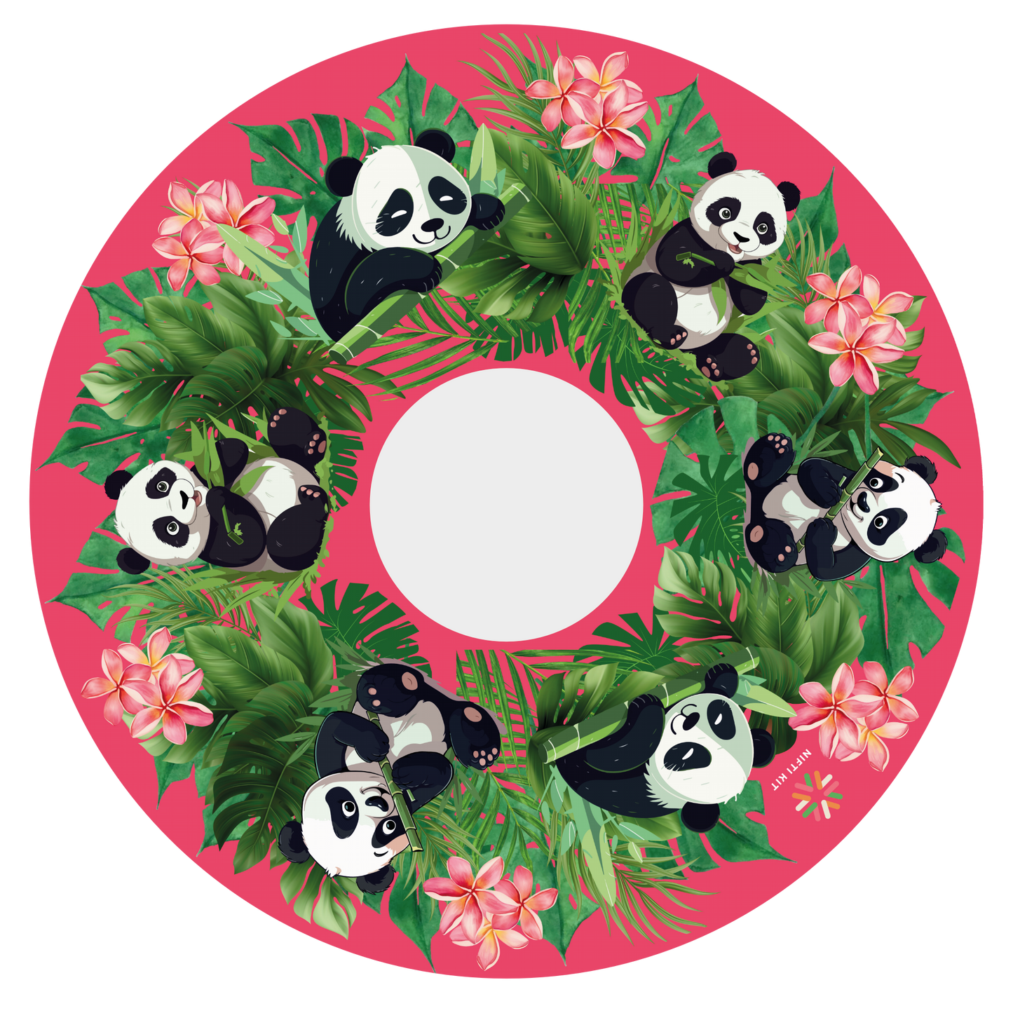 Spoke guard cover featuring cute panda illustrations, flowers, and leaves on a pink background