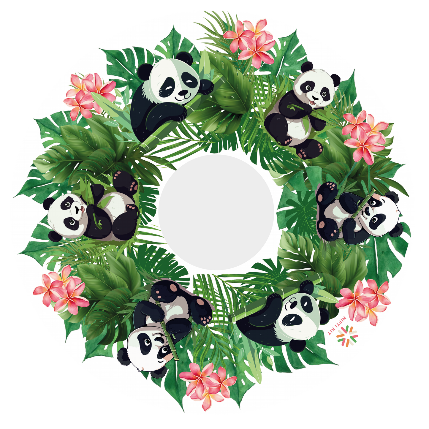 Spoke guard cover featuring cute panda illustrations, flowers, and leaves on a white background