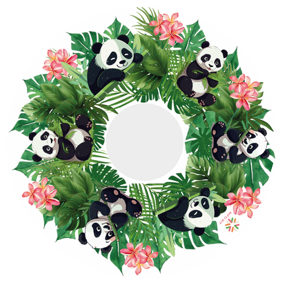 Spoke guard cover featuring cute panda illustrations, flowers, and leaves on a white background
