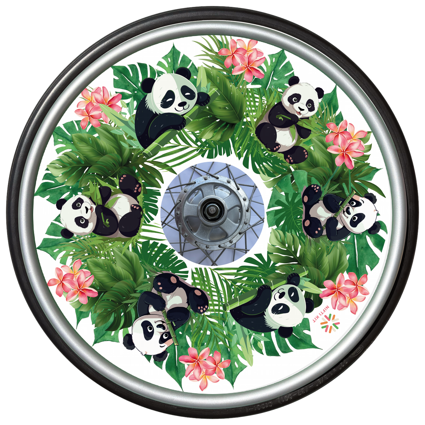 Wheelchair wheel with cover featuring cute panda illustrations, flowers, and leaves on a white background