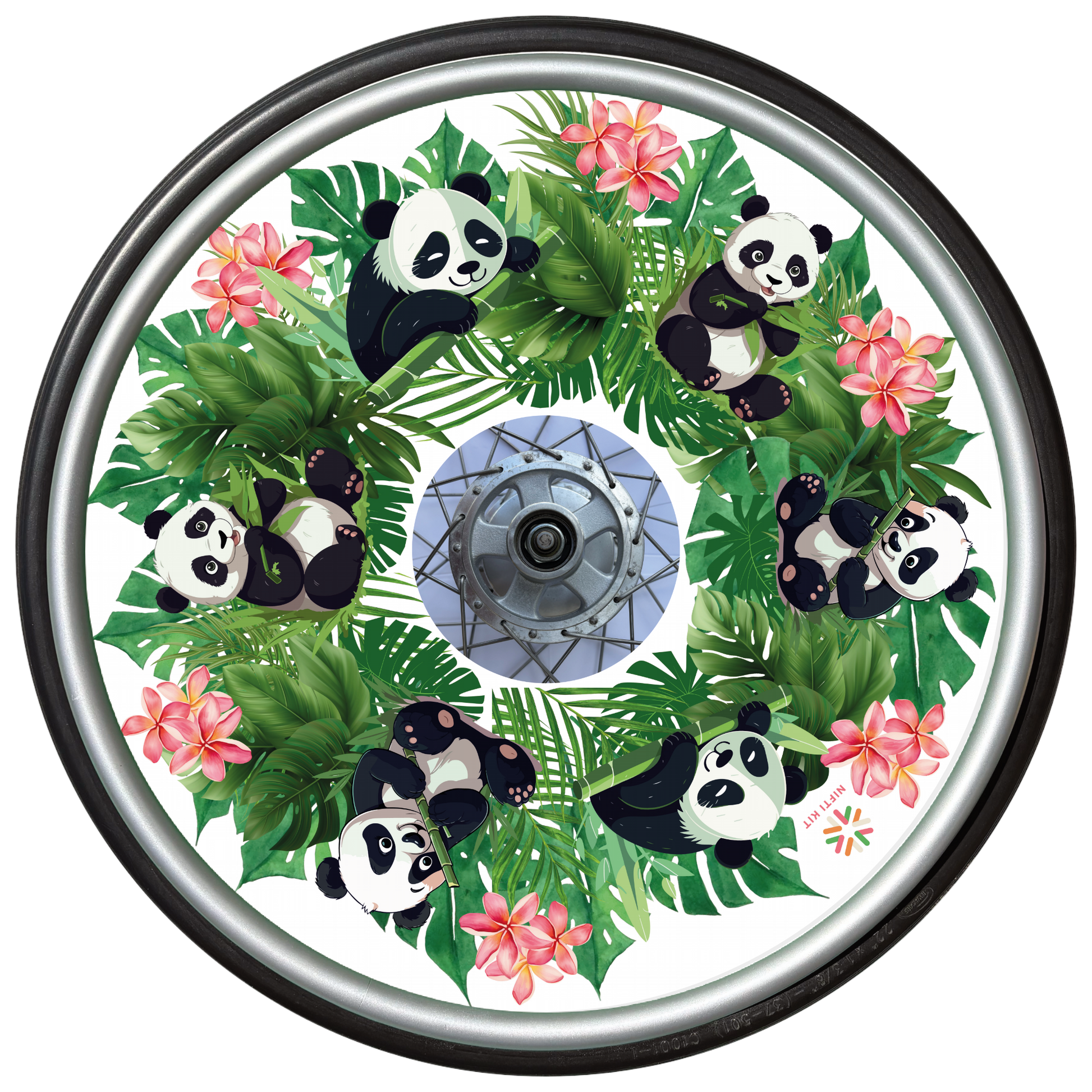 Wheelchair wheel with cover featuring cute panda illustrations, flowers, and leaves on a white background