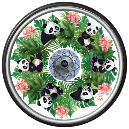 Wheelchair wheel with cover featuring cute panda illustrations, flowers, and leaves on a white background