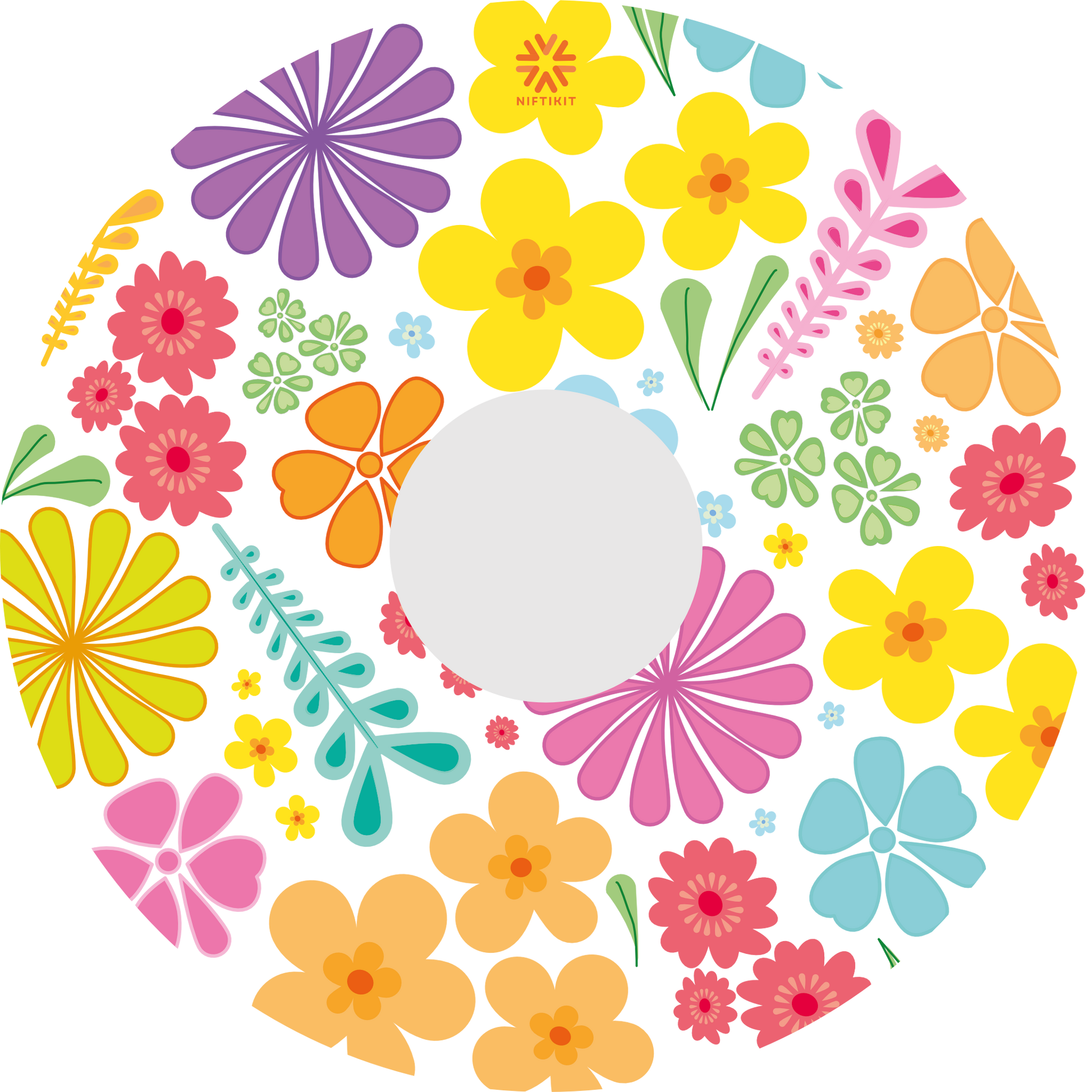 Wheelchair spoke guard cover with colorful floral pattern in pastel colours with centre hub cutout