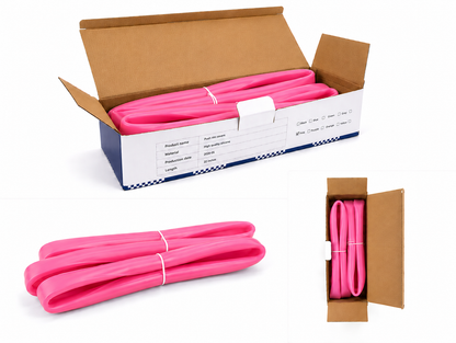 Three views of a pink wheelchair push rim covers coiled in pairs. Including two views showing it inside an open cardboard shipping box and one view showing the product alone on a white background.