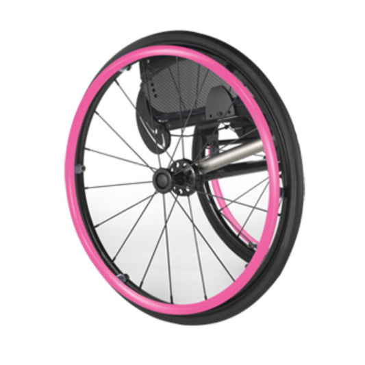 Pink silicone push rim handrim cover on a wheelchair wheel