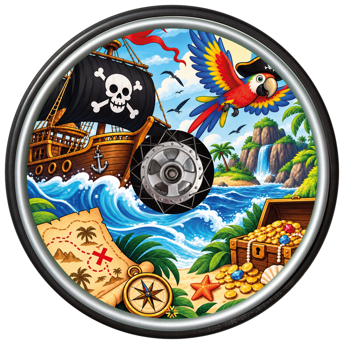 Pirate themed Treasure Island wheelchair wheel cover on a wheelchair wheel showing pirate ship, maps, treasure chest and red, blue and yellow parrot wearing a pirate hat by Niftikit