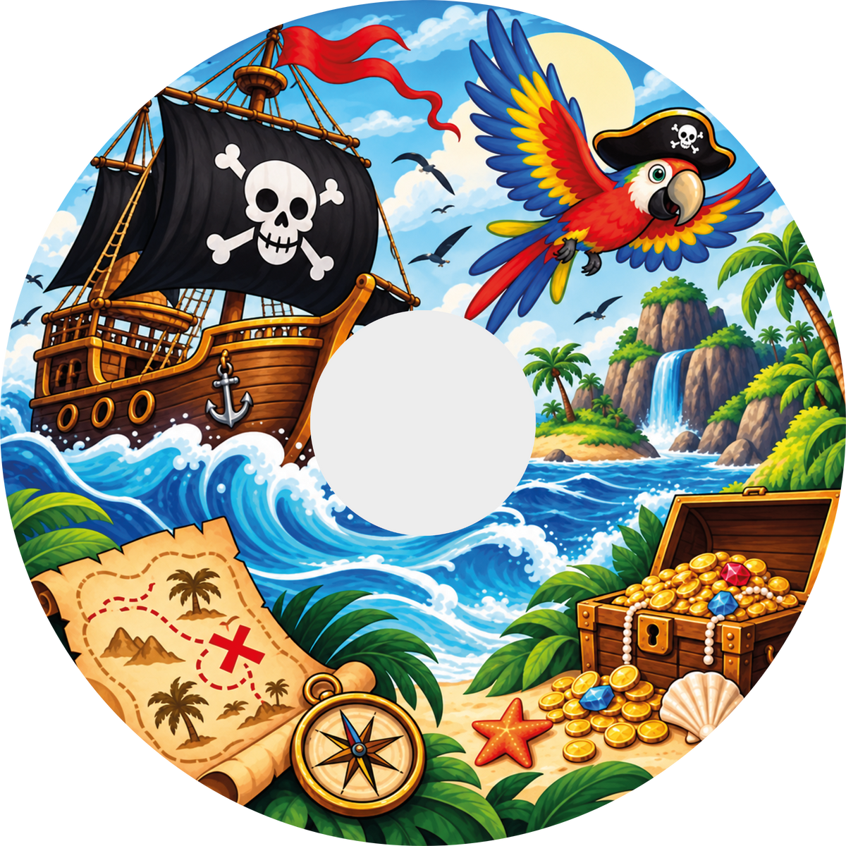 A circular pirate-themed spoke guard with a 135mm center hole, showing a black pirate flag with a skull and crossbones on a wooden ship, a colorful parrot in a pirate hat, a tropical island with palm trees and a waterfall, waves, a treasure chest with gold coins, a map, a compass, and a starfish.