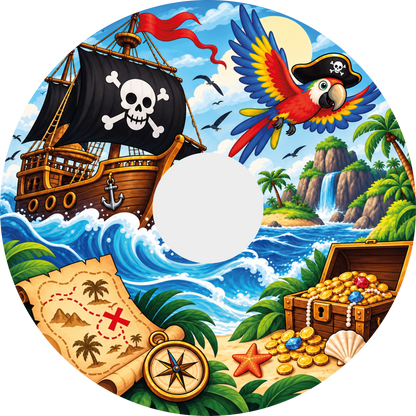 A circular pirate-themed spoke guard with a 135mm center hole, showing a black pirate flag with a skull and crossbones on a wooden ship, a colorful parrot in a pirate hat, a tropical island with palm trees and a waterfall, waves, a treasure chest with gold coins, a map, a compass, and a starfish.