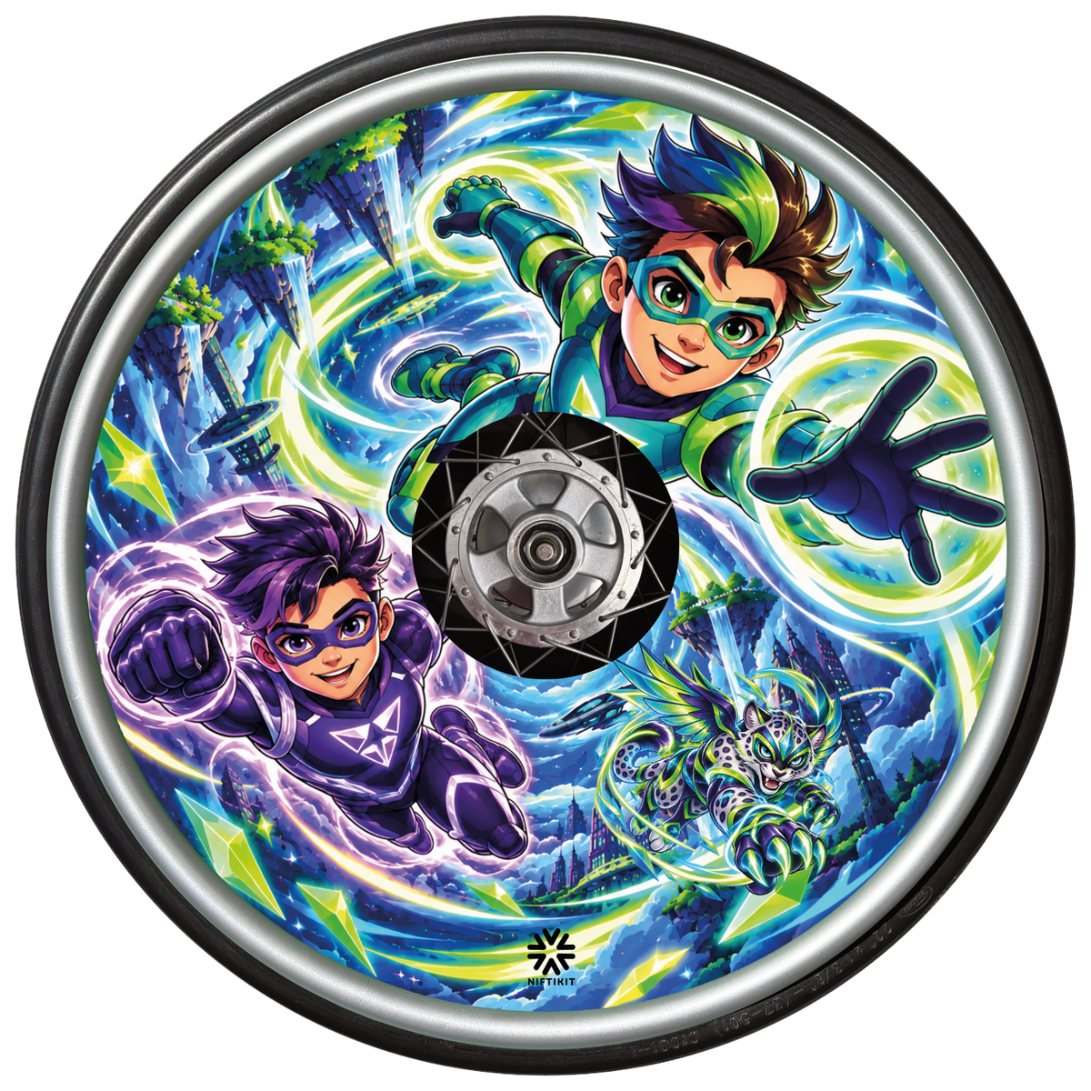Close-up of a Niftikit superhero wheelchair wheel cover fitted inside a spoked wheelchair wheel, featuring colourful superhero artwork.