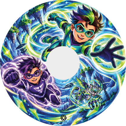 Colourful superhero wheel cover design featuring two superhero characters and a superhero animal flying through a vibrant fantasy landscape.