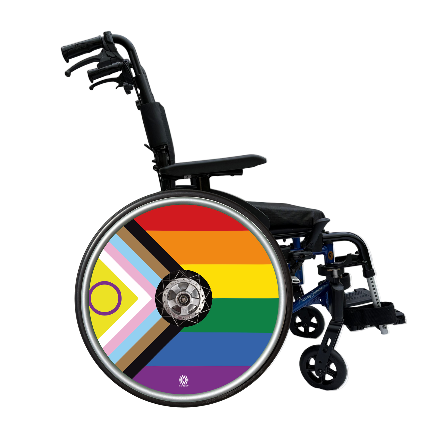 Progress Pride Flag wheelchair wheel cover fitted to a manual wheelchair wheel, colourful LGBTQ+ wheelchair accessory handmade in the UK by Niftikit.