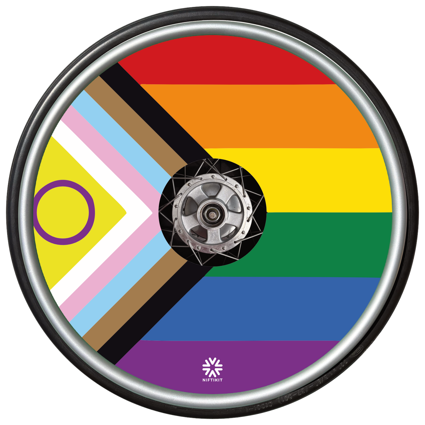 Progress Pride wheelchair spoke guard with rainbow pride design for wheelchair wheel decoration and spoke protection.