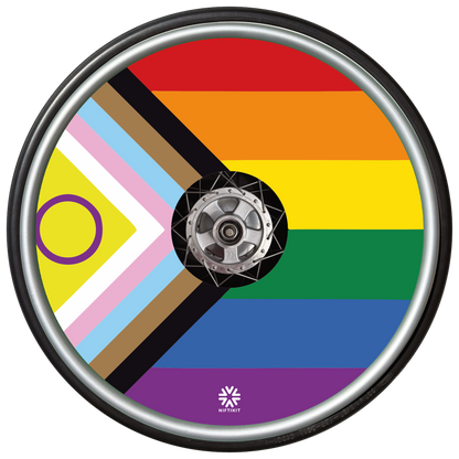 Progress Pride wheelchair spoke guard with rainbow pride design for wheelchair wheel decoration and spoke protection.