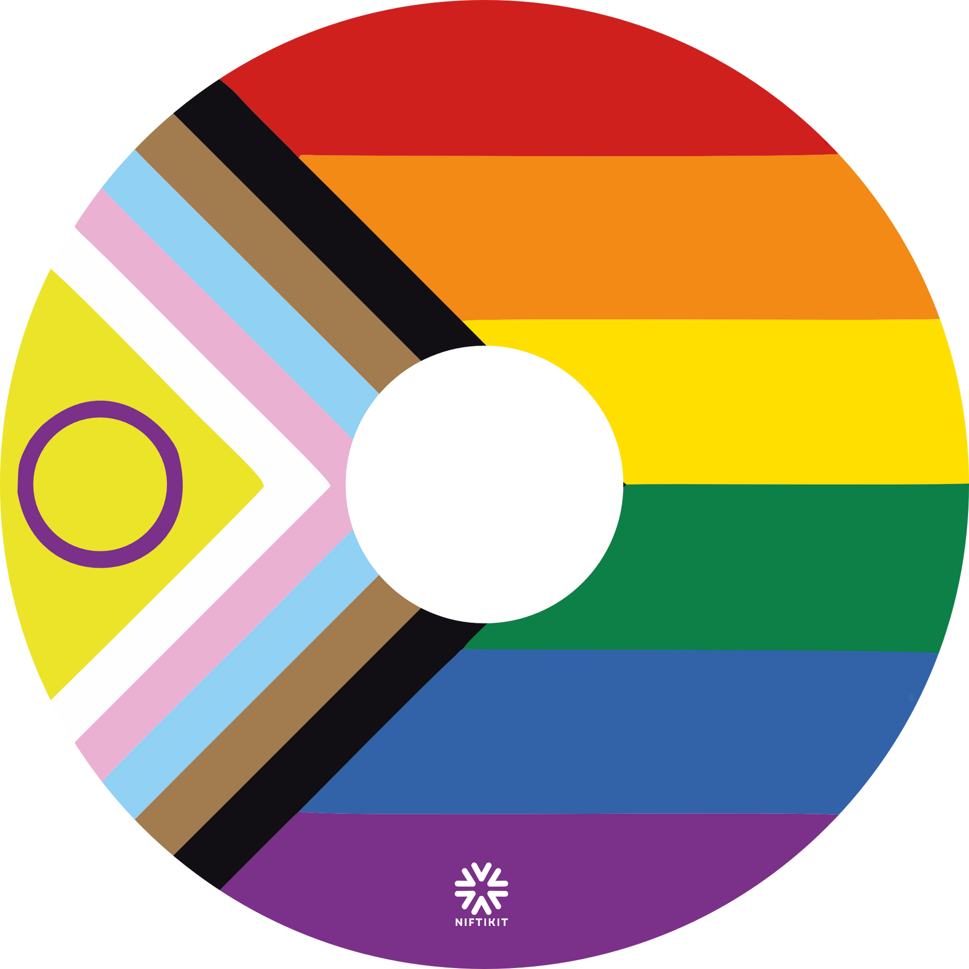 Progress Pride Flag wheelchair wheel cover featuring rainbow, transgender and intersex pride colours by Niftikit.