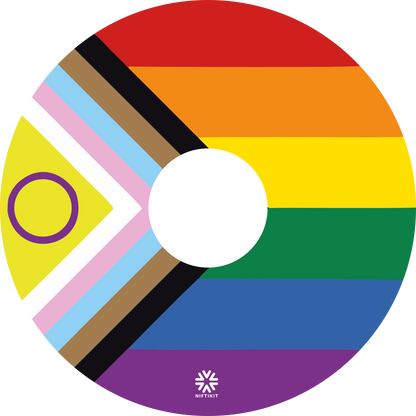 Progress Pride Flag wheelchair wheel cover featuring rainbow, transgender and intersex pride colours by Niftikit.