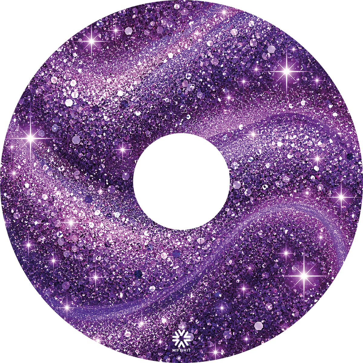 Purple Stardust wheelchair wheel cover with a printed purple sparkle and star design.