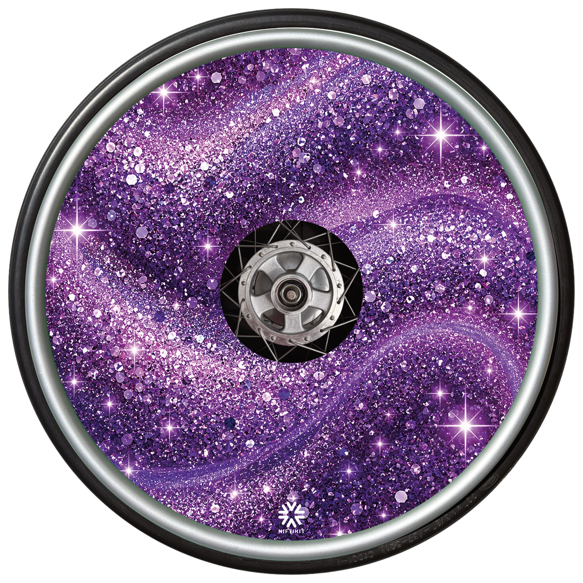 Purple Stardust wheel cover fitted to a wheelchair wheel.