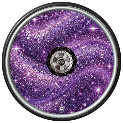 Purple Stardust wheel cover fitted to a wheelchair wheel.