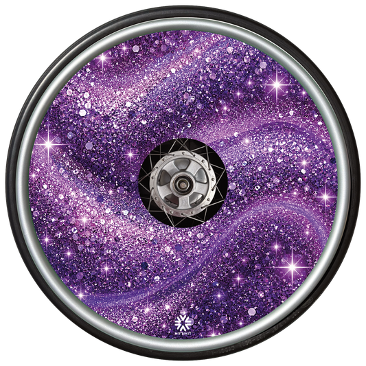 Purple Stardust wheel cover fitted to a wheelchair wheel.