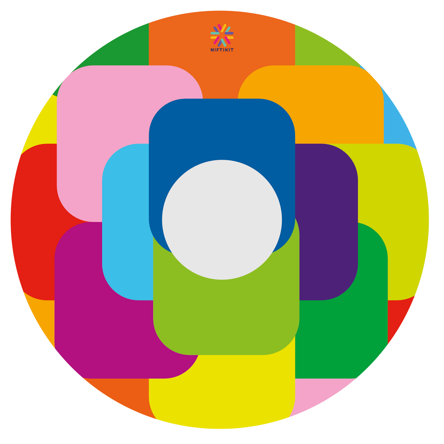 Bright and colorful geometric, squares patterned spoke guard disc c with centre cut out wheel with small blue Niftikit logo. 