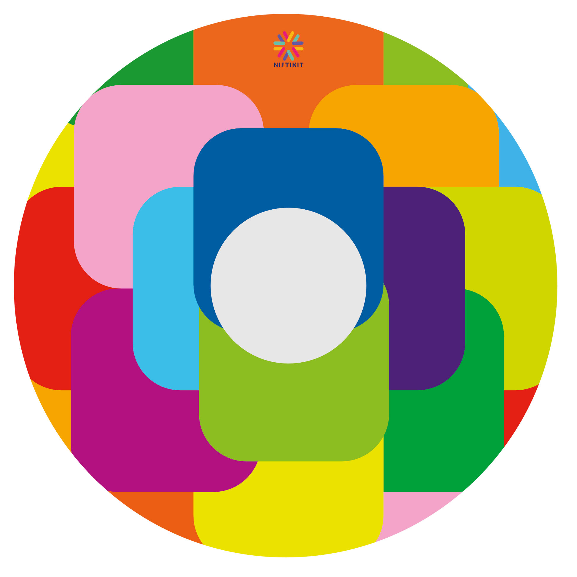Bright and colorful geometric, squares patterned spoke guard disc c with centre cut out wheel with small blue Niftikit logo. 