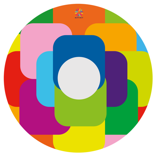Bright and colorful geometric, squares patterned spoke guard disc c with centre cut out wheel with small blue Niftikit logo. 