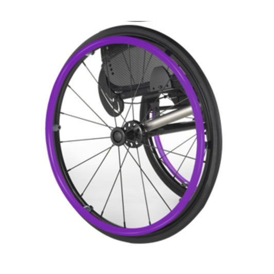 Purple silicone push rim handrim cover on a wheelchair wheel