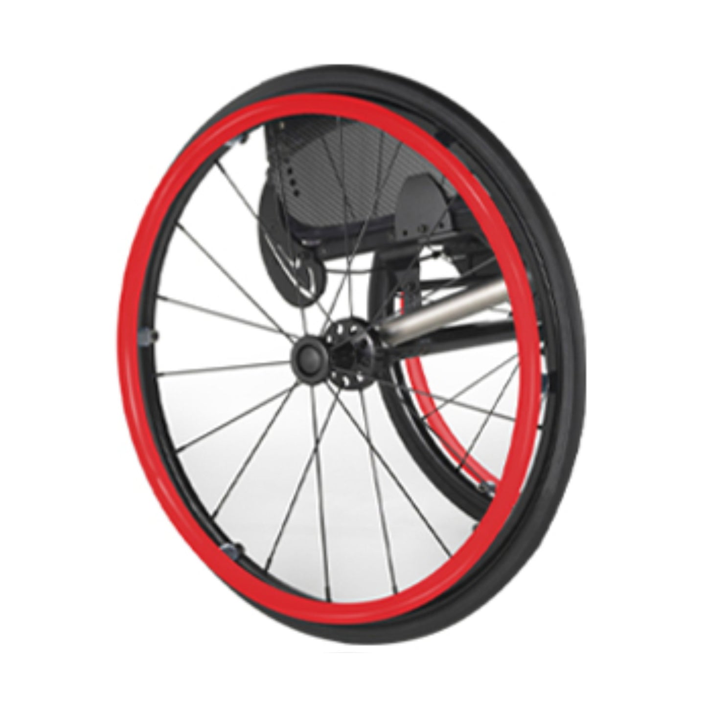 Red silicone push rim hand rim cover on a wheelchair wheel