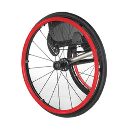 Red silicone push rim hand rim cover on a wheelchair wheel