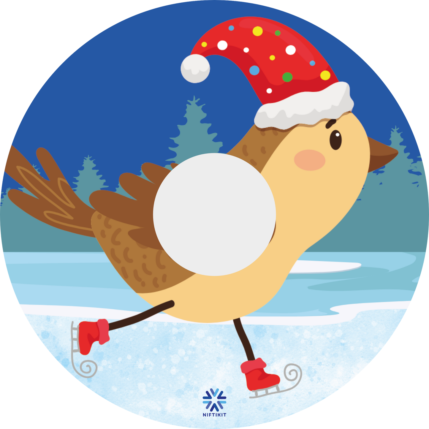 Wheelchair spoke guard featuring a cartoon robin wearing a Santa hat with a snowy landscape background