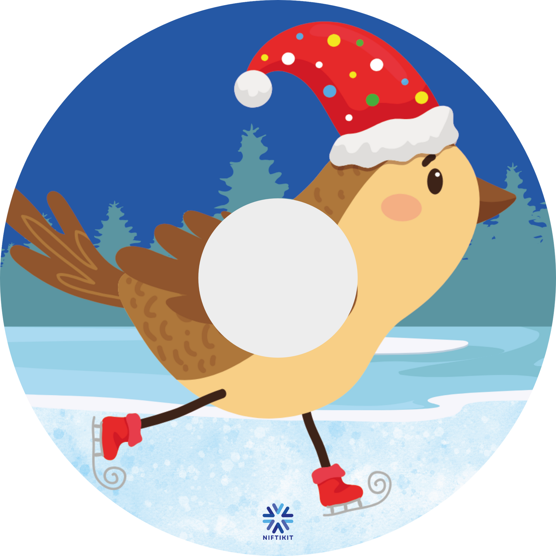 Wheelchair spoke guard featuring a cartoon robin wearing a Santa hat with a snowy landscape background