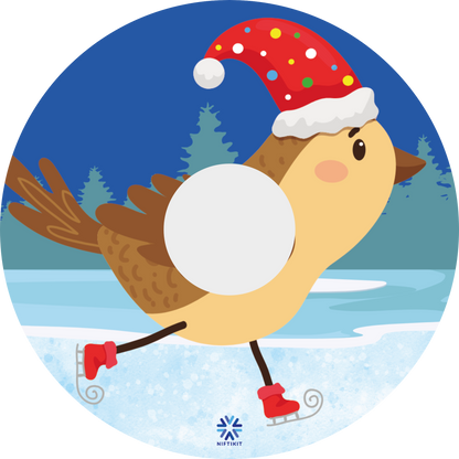 Wheelchair spoke guard featuring a cartoon robin wearing a Santa hat with a snowy landscape background