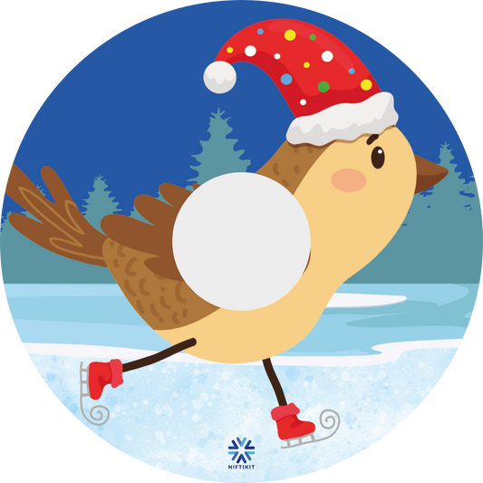 Wheelchair spoke guard featuring a cartoon robin wearing a Santa hat with a snowy landscape background